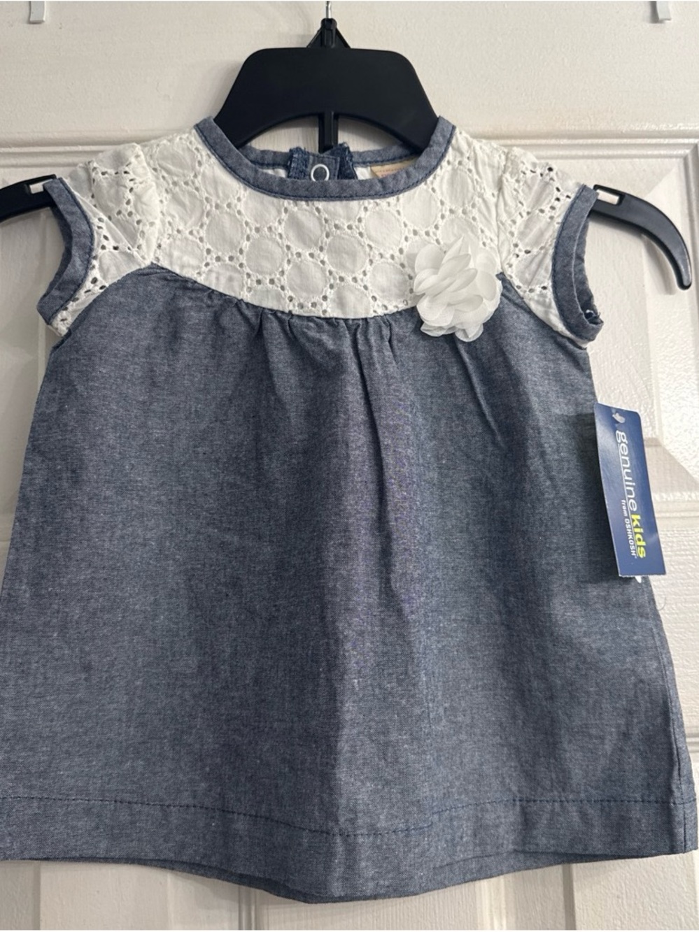 Chambray & Lace Baby Girl Dress with Floral Accent - Blue & White size 3-6m